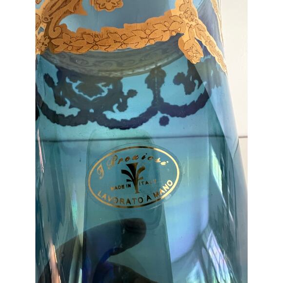 Vintage J Preziosi Lavorato a Mano Italian Blue Glass Vase Gold Overlay JL - Picture 2 of 11